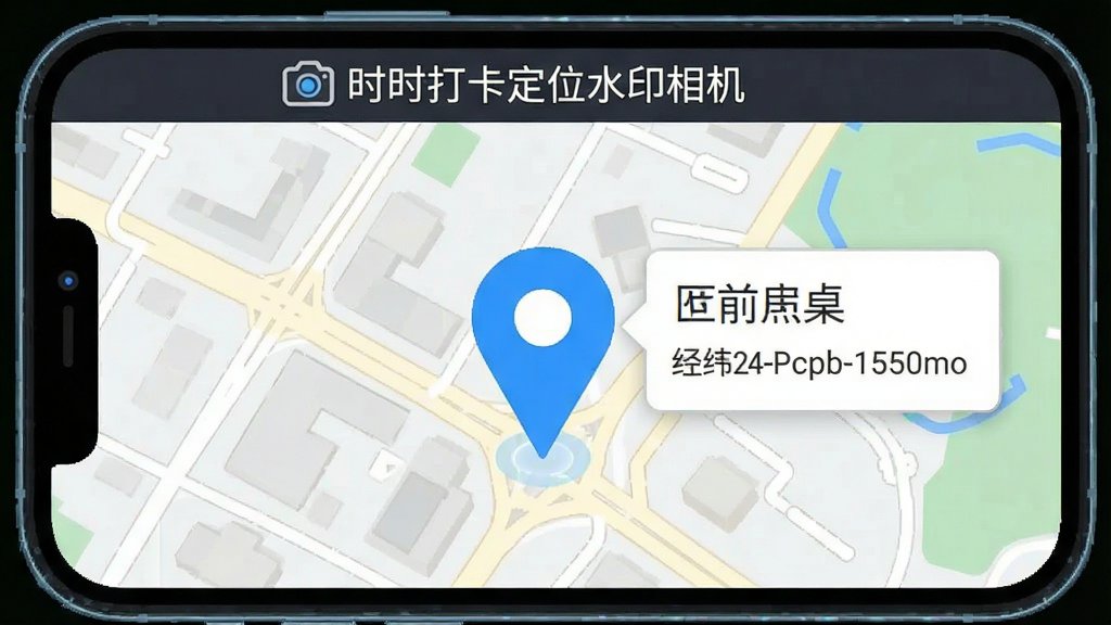 一张展示手机地图定位界面的图片,地图上有一个醒目的蓝色定位标记,标记旁边弹出信息框显示当前街道名称和经纬度数字,手机屏幕上方有“时时打卡定位水印相机”字样,整体风格为科技感扁平化设计,布局清晰,画质干净,无多余元素