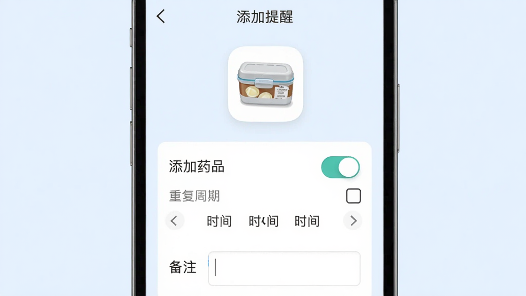 画面主体为闺蜜医生应用中的用药提醒设置界面,显示药盒图标与时间选择器,布局为手机屏幕居中展示,背景为淡蓝色,排版清晰展示添加药品表单,风格为极简工具类APP界面,细节包括开关按钮、重复周期选项、备注输入框,画质高清,干净,无多余元素