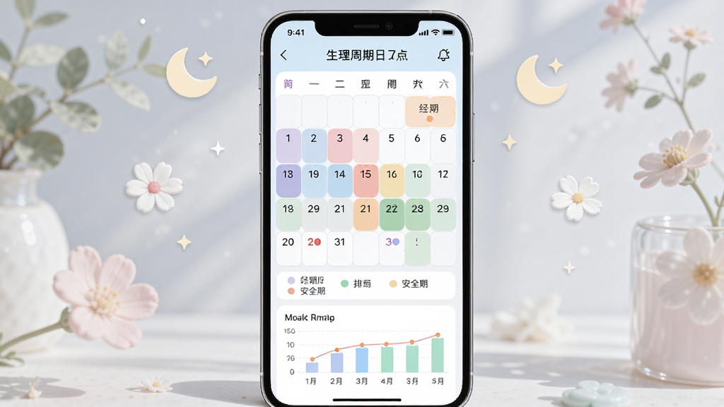 画面主体为闺蜜医生应用中的生理周期日历界面,日历上用不同颜色标注经期、排卵期和安全期,布局为手机屏幕居中展示,周围环绕花朵与月亮图标,排版突出日历网格与图例说明,风格为清新柔美UI风格,细节包括日期数字、彩色圆点标记、底部统计图表,画质高清,干净,无多余元素
