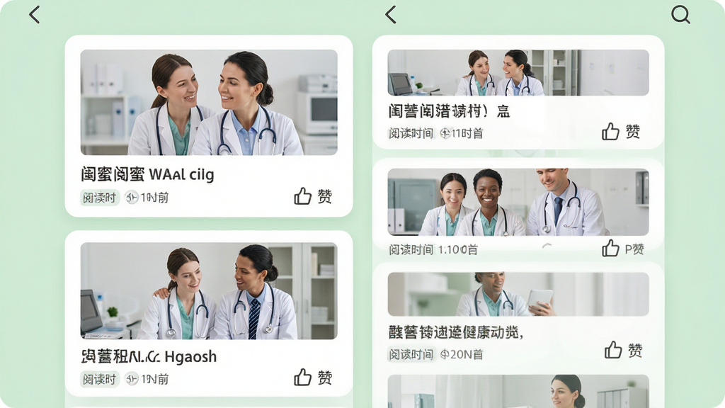 画面主体为闺蜜医生应用中的健康知识列表页,展示多篇科普文章卡片,卡片包含配图与标题,布局为手机屏幕居中展示,背景为浅绿色,排版采用双列瀑布流,风格为现代阅读类APP界面,细节包括分类标签、阅读时长、点赞图标,画质高清,干净,无多余元素