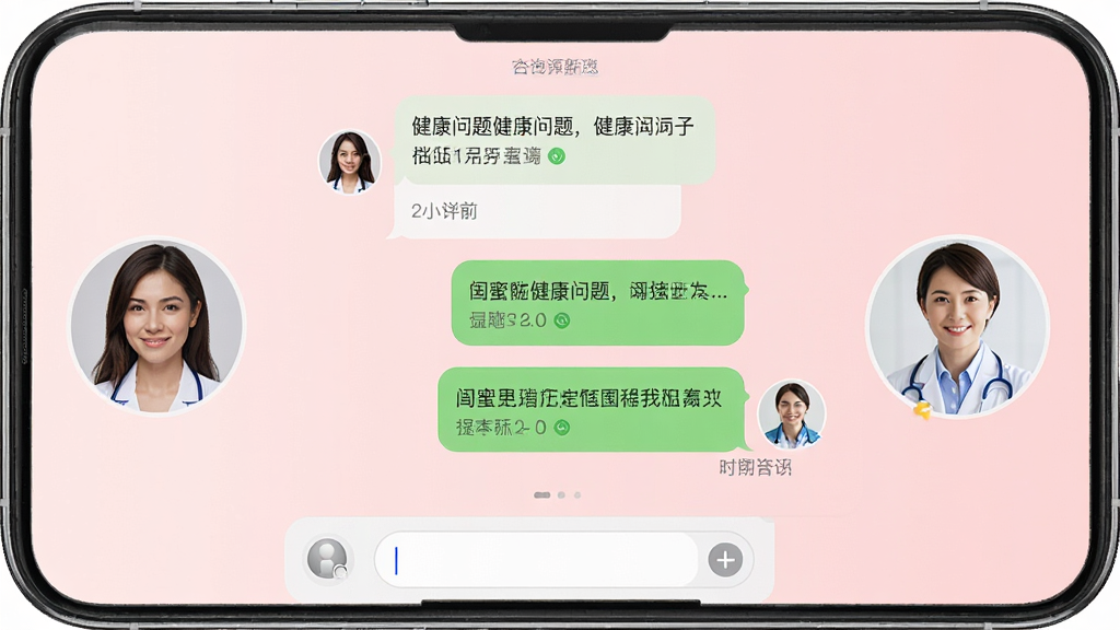 画面主体为闺蜜医生应用中的聊天咨询界面,左侧为女性用户头像,右侧为穿白大褂的女医生头像,中间对话气泡显示健康问题与专业回复,布局为手机屏幕居中展示,背景为淡粉色渐变,排版清晰展示聊天气泡,风格为简洁UI设计展示图,细节包括时间戳、已读标记、输入框,画质高清,干净,无多余元素
