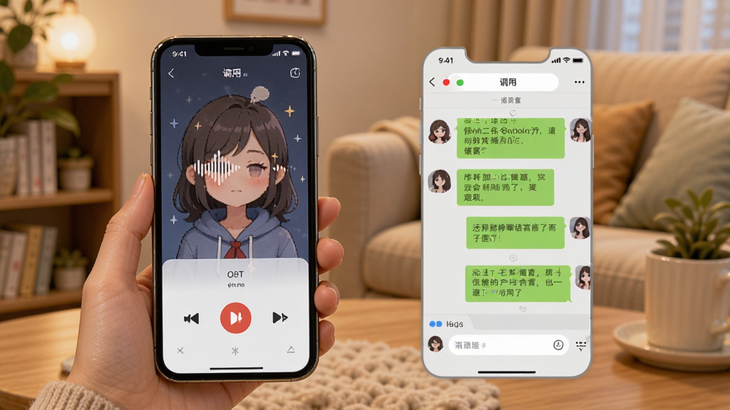 萌妹御姐语音盒在手机上的使用场景示意图,画面展示手机屏幕内软件正在播放语音,旁边有微信聊天界面示意,突出语音包调用过程,背景为温馨的室内环境,风格写实,画质清晰,干净无多余元素。