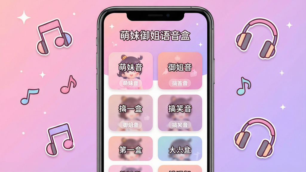 一张展示萌妹御姐语音盒软件主界面的图片,画面中心是手机屏幕,屏幕内显示软件首页,顶部有“萌妹御姐语音盒”文字标识,下方排列多个语音包分类卡片,包含萌妹音、御姐音、搞笑音等标签,背景为柔和的粉紫渐变色调,周围点缀卡通音符与耳机图标,风格清新可爱,画质清晰,干净无多余元素。