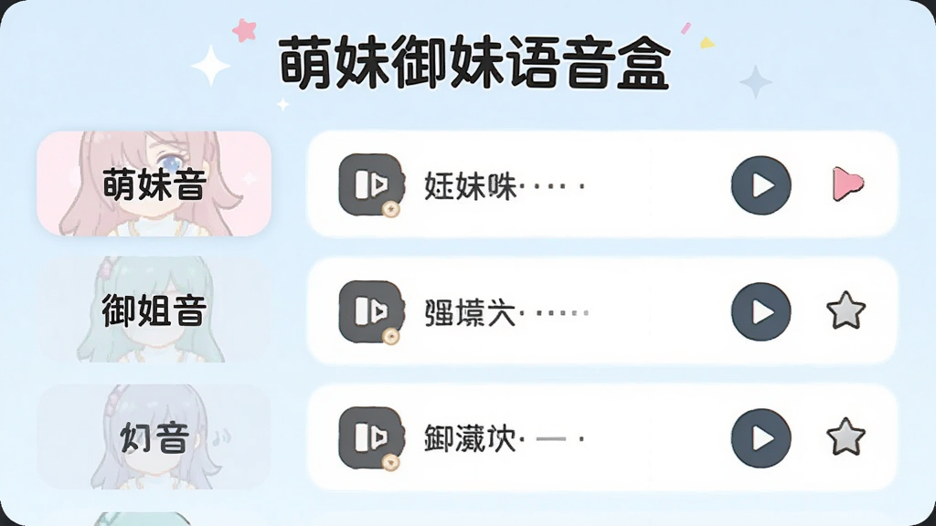 萌妹御姐语音盒界面中展示语音包分类列表,左侧是萌妹音、御姐音等分类标签,右侧是具体语音条目,每条包含播放按钮与收藏图标,画面风格简洁明快,背景为浅色,突出“萌妹御姐语音盒”文字标识,画质清晰干净。