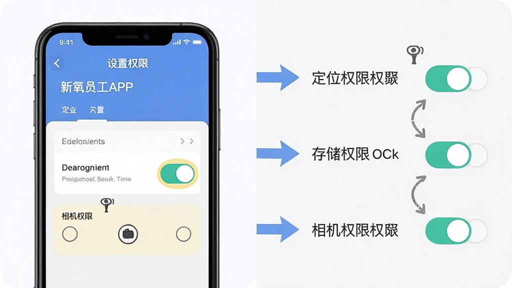 新氧员工版APP使用教程示意图,主体为手机屏幕展示设置权限页面,布局为左右分栏左侧为手机界面右侧为操作步骤箭头标注,排版清晰直观,风格扁平化教学风格,细节包括定位权限开关、存储权限开关、相机权限开关的高亮标注,画质高清,干净无多余元素