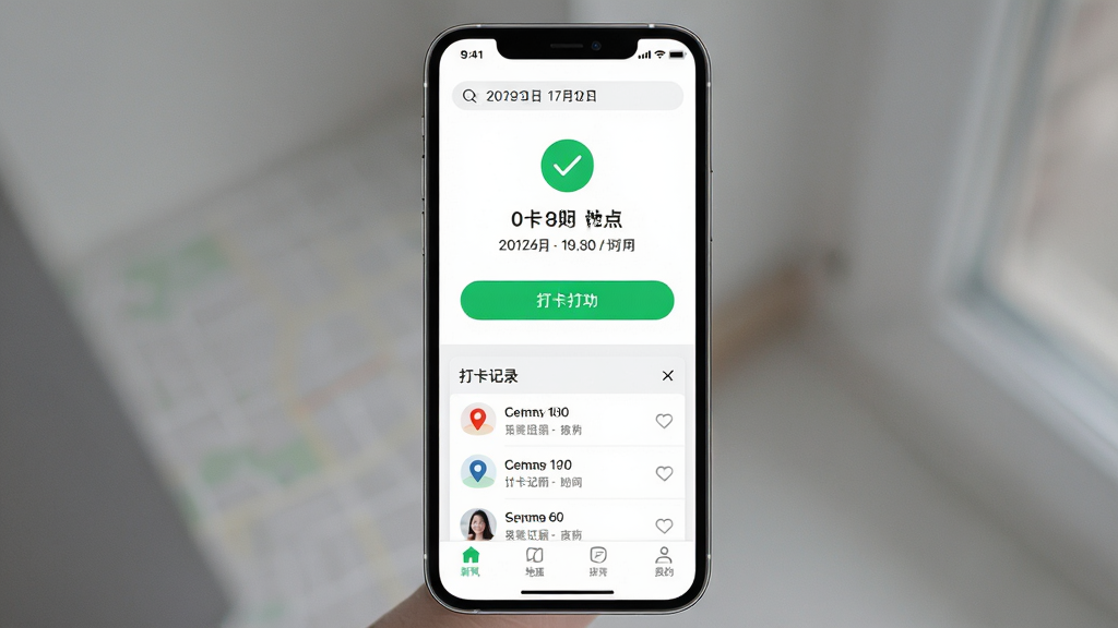 新氧员工版APP考勤打卡界面展示图,主体为手机屏幕特写,屏幕中显示打卡成功页面带有绿色对勾标记与时间地点信息,布局为居中构图,排版突出打卡按钮与地图定位,风格清爽简洁,细节包括日期栏、打卡记录列表、底部导航栏,画质高清,干净无多余元素