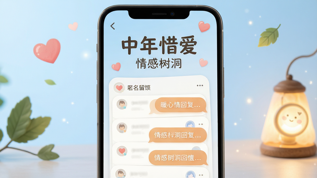 中年惜爱情感树洞界面展示,画面为手机屏幕显示匿名留言板与暖心回复气泡,背景为柔和的浅蓝色渐变,布局采用上下结构,风格治愈温暖,细节包含爱心、树叶、小夜灯元素,画面中文字显示“中年惜爱”与“情感树洞”,画质高清,干净无多余元素