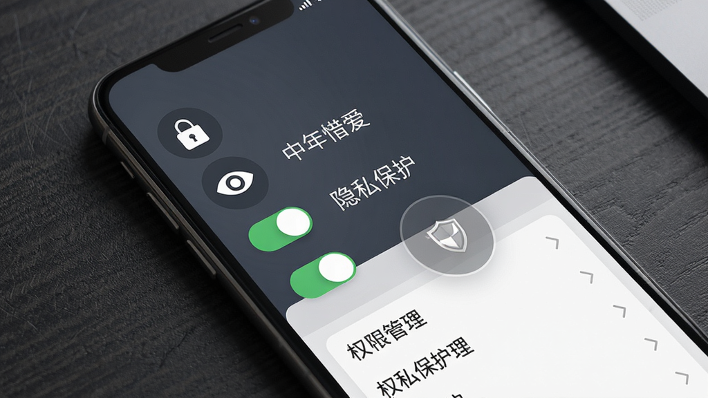 中年惜爱隐私设置页面展示,画面为手机屏幕显示多个隐私开关按钮与权限管理列表,背景为深灰色质感桌面,布局采用左侧图标右侧文字排版,风格商务简约,细节包含锁形图标、眼睛图标、盾牌,画面中文字显示“中年惜爱”与“隐私保护”,画质清晰,干净无多余元素