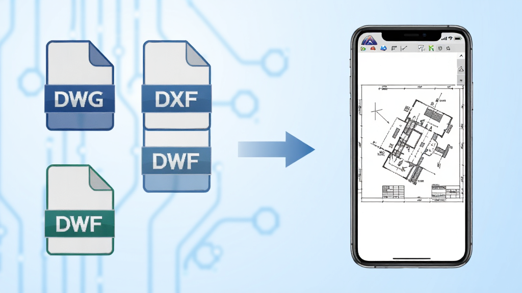 一张展示CAD专业免费看图多格式兼容能力的图片,画面左侧排列着DWG、DXF、DWF三种文件图标,右侧是一部手机屏幕显示图纸成功打开的画面,中间用箭头连接,背景为淡蓝色渐变,风格简洁科技感,画质清晰,干净,无多余元素