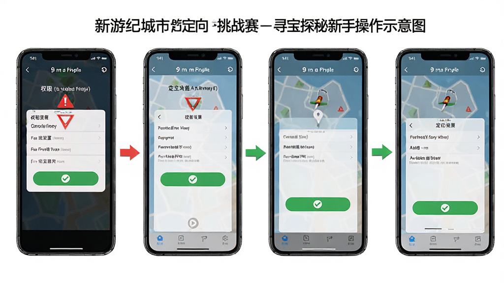 新游纪城市定向挑战赛-寻宝探秘新手操作示意图,主体为手机屏幕显示权限设置与定位开启界面,布局为分步截图排列,排版清晰有序,风格为简洁教程风,细节包括红色警示标识、绿色勾选按钮、箭头引导,画质高清,干净,无多余元素
