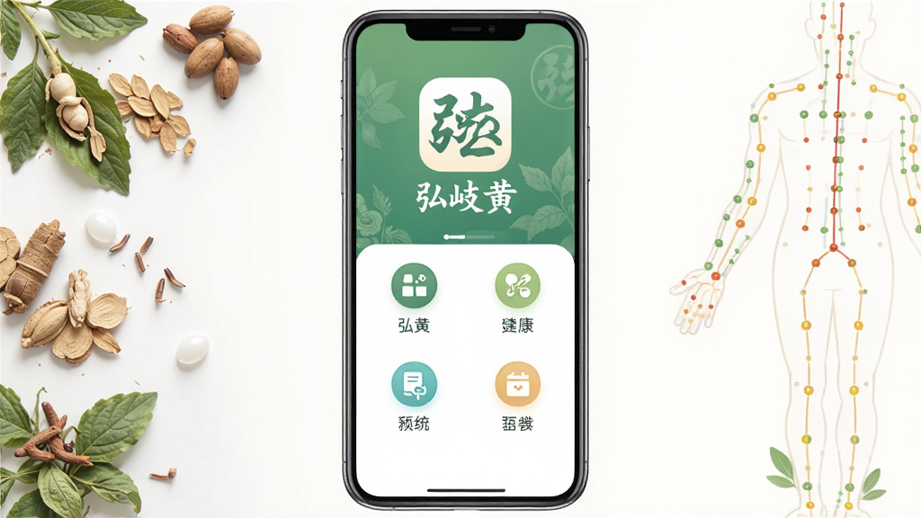 主体是一个手机屏幕展示弘岐黄应用界面,布局为手机居中放置,排版采用上下结构上方为应用logo和名称下方为功能模块图标,风格为现代简约医疗健康类APP风格,细节包括中医元素如草药、经络图背景装饰,画质高清干净无多余元素,图片中文字标注“弘岐黄”