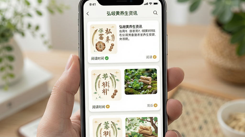 主体是手机展示养生资讯列表页面,布局为手机屏幕内呈现文章卡片流,排版采用瀑布流或列表式,风格为清新自然健康类资讯风格,细节包括节气插画、文章配图、阅读时长标识,画质高清干净无多余元素,图片中文字标注“弘岐黄养生资讯”