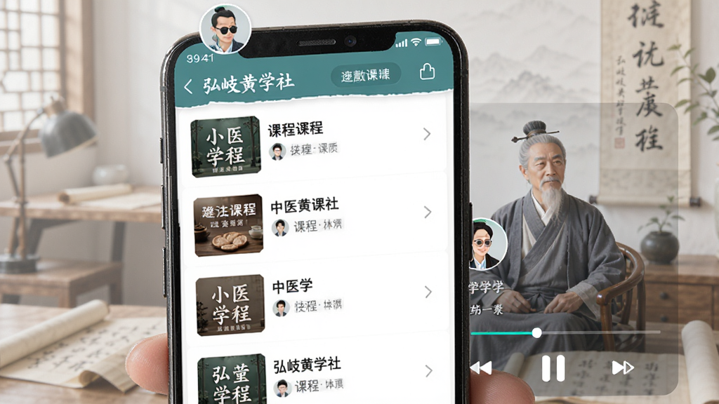 主体是手机播放中医讲学课程的画面,布局为手机竖屏展示课程列表和播放界面,排版清晰层级分明,风格为知识付费类APP界面风格,细节包括课程封面图、讲师头像、播放进度条,画质高清干净无多余元素,图片中文字标注“弘岐黄学社”