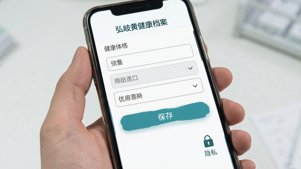主体是手机展示个人健康档案填写界面,布局为表单式上下排列,排版规整清晰,风格为简洁医疗表单风格,细节包括输入框、下拉选项、保存按钮、隐私锁图标,画质高清干净无多余元素,图片中文字标注“弘岐黄健康档案”