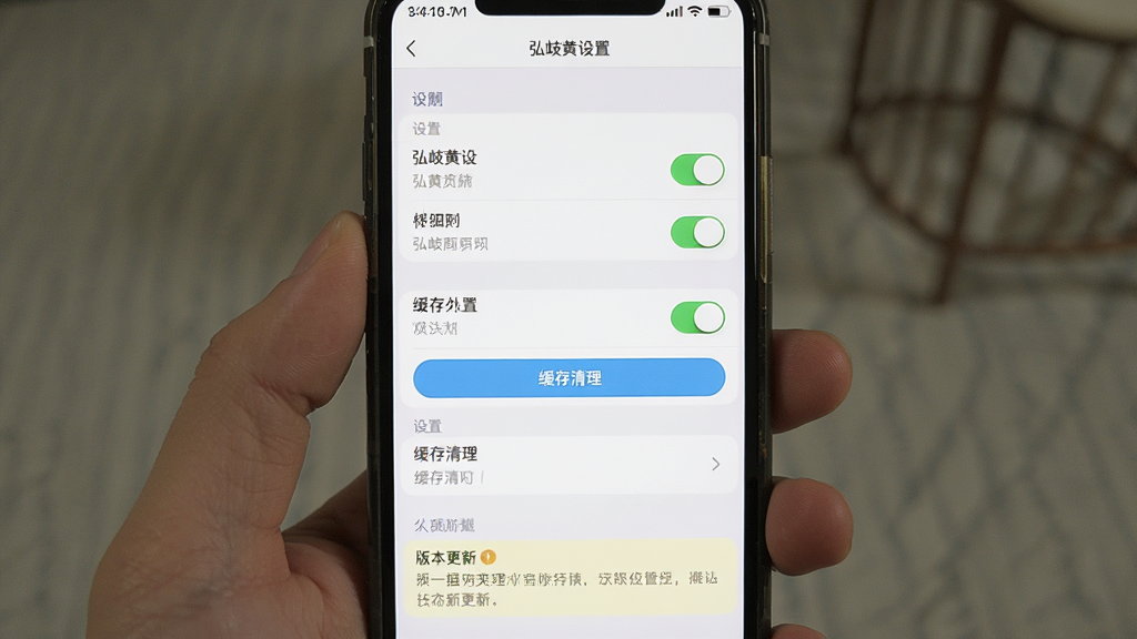 主体是手机屏幕展示弘岐黄应用设置与权限管理界面,布局为手机竖屏展示设置选项列表,排版整齐分类清晰,风格为系统设置类界面风格,细节包括权限开关、缓存清理按钮、版本更新提示,画质高清干净无多余元素,图片中文字标注“弘岐黄设置”
