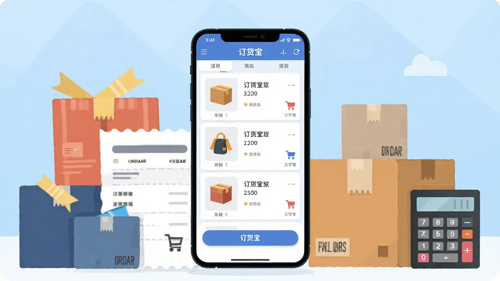 画面中央展示一部智能手机,屏幕内呈现订货宝软件的商品列表与购物车界面,手机周围环绕商品包装盒、订单单据、物流纸箱与计算器等商务元素,背景为浅蓝色渐变,整体采用扁平化商务插画风格,构图简洁干净,画质高清,无多余元素