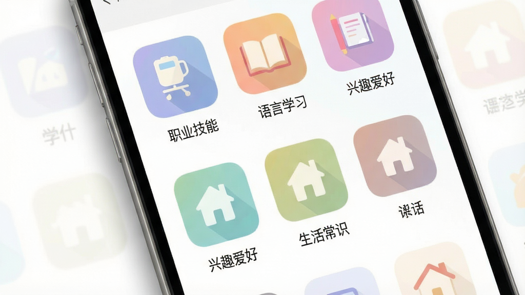 一个展示学什么App课程分类页面的场景图,手机屏幕中呈现多个彩色分类图标,包括
