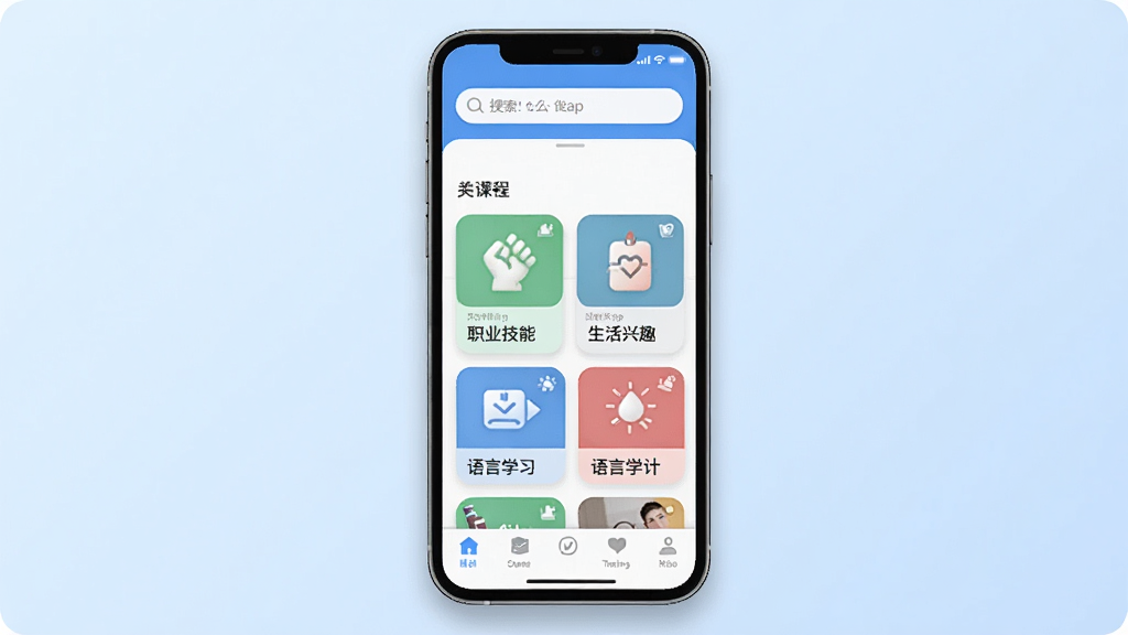 一张展示学什么App主界面的手机预览图,画面中央是一部现代智能手机,屏幕上显示着学什么App的首页,顶部有搜索栏,中部是课程分类卡片横向排列,包括职业技能、生活兴趣、语言学习等图标,底部有导航栏,背景为浅蓝色渐变,风格简洁清新,细节处有轻微阴影和圆角设计,画质清晰,干净无多余元素