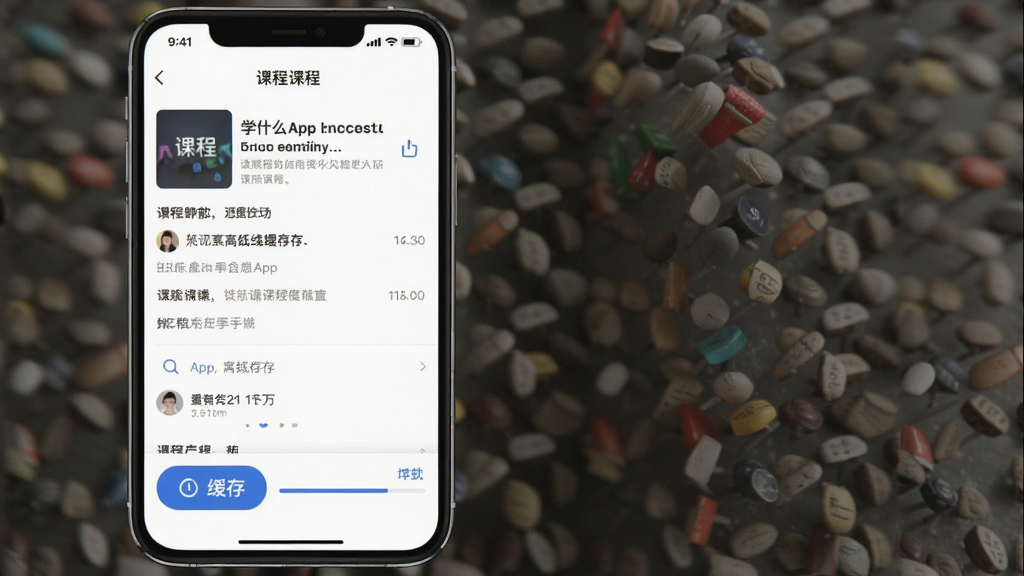 一张展示学什么App离线缓存功能的手机界面图,屏幕中显示课程详情页,底部有