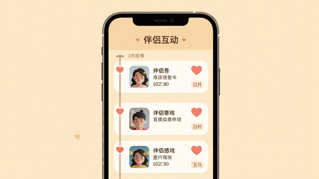 伴侣互动APP的回忆记录页面展示图,手机屏幕中显示时间轴样式的游戏记录列表,每条记录带有爱心图标和日期标签,屏幕顶部有伴侣互动字样,背景为温暖的米黄色调,界面简洁温馨,扁平化设计风格,画质清晰,干净无多余元素
