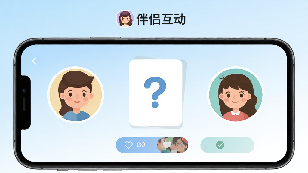 一款名为伴侣互动的手机APP界面展示图,画面中央是手机屏幕,屏幕上显示双人默契问答游戏界面,两个卡通情侣头像分别位于屏幕左右两侧,中间是问号卡片和选项按钮,屏幕上方有伴侣互动文字标识,背景为浅蓝色与白色渐变,扁平化UI风格,细节清晰,画质干净,无多余元素