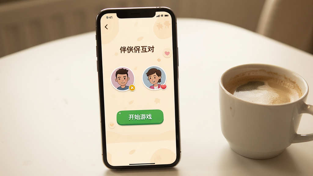 一张手机屏幕展示伴侣互动APP运行正常的界面截图,画面中手机直立放置,屏幕显示伴侣互动游戏主界面,有开始游戏按钮和两个玩家头像,背景为简洁的桌面环境,旁边放着一杯咖啡,整体色调温暖,画质清晰,干净无多余元素