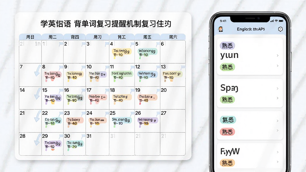 一张展示学英语背单词复习提醒机制的图片,画面左侧是一块日历面板,标注了不同日期的复习任务,右侧是手机屏幕显示学英语背单词APP的复习列表,单词以卡片形式排列,有彩色标签区分熟悉度,整体布局清晰,风格简洁商务,画质干净,无多余元素