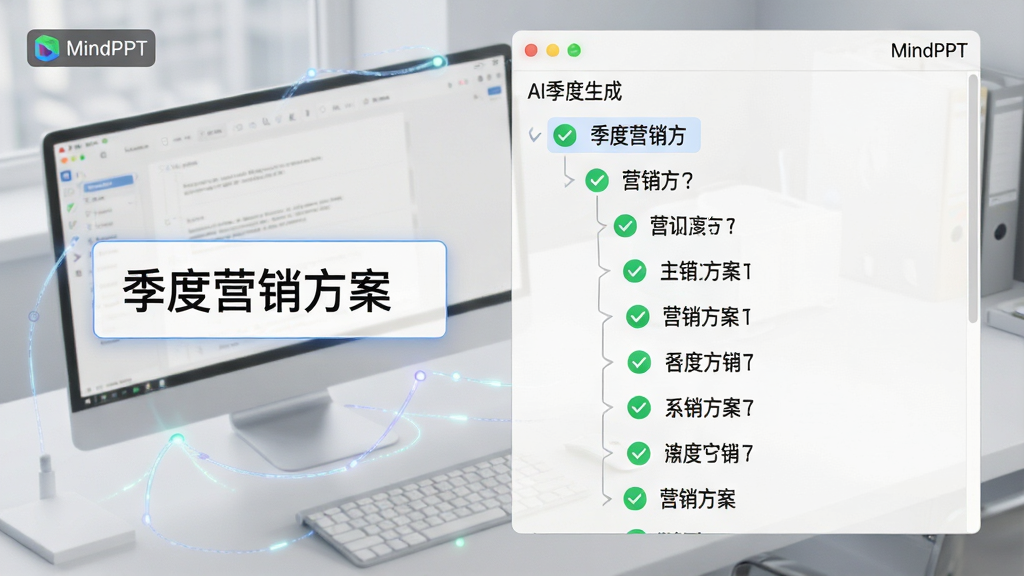 一张展示AI自动生成PPT大纲过程的图片,画面左侧是输入框写着