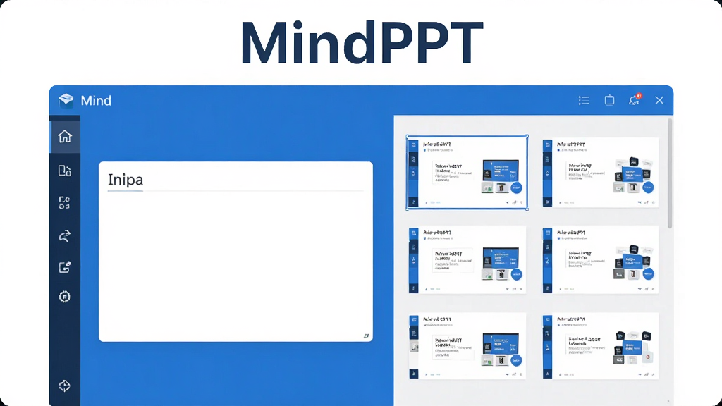 一张展示MindPPT软件主界面的图片,画面中央是简洁现代的软件操作界面,左侧为输入主题的文本框,右侧展示自动生成的PPT缩略图,界面配色以蓝白为主,风格干净商务,屏幕上方有
