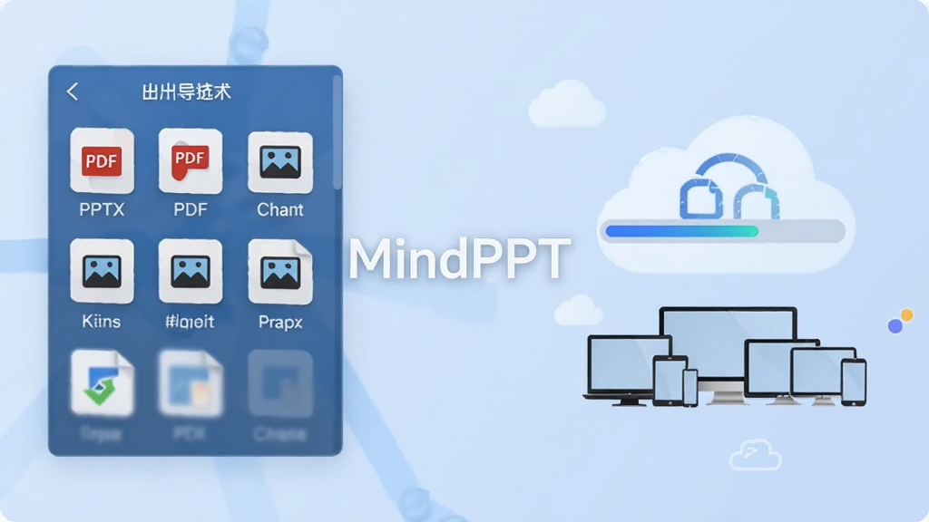 一张展示MindPPT导出与同步功能的图片,画面左侧是导出格式选择菜单,包含PPTX、PDF、图片等图标,右侧是云端同步进度条与多设备图标,背景为淡蓝色渐变,风格现代科技,屏幕中央有