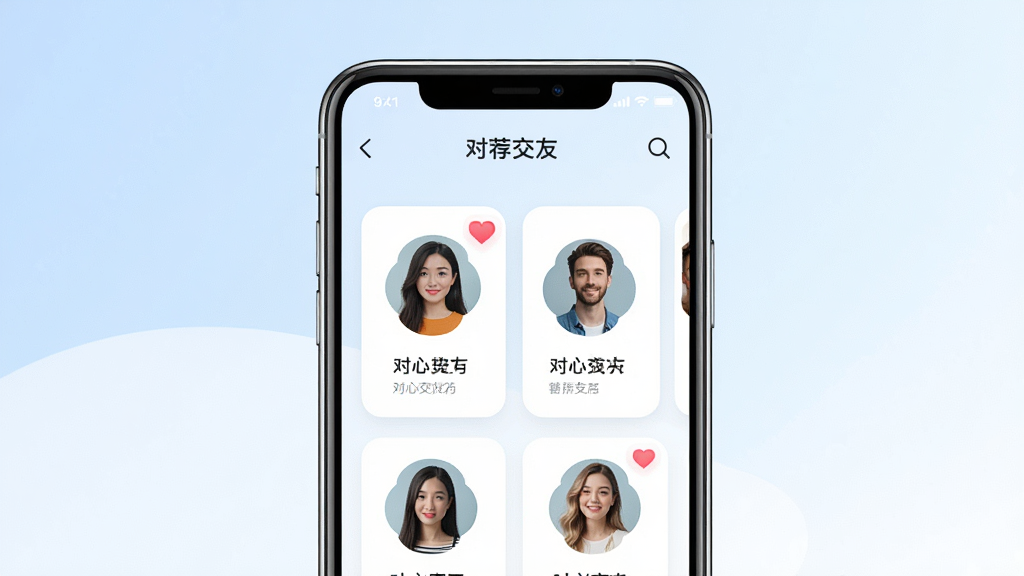 一张展示对心交友软件界面的手机模型图。画面中央放置一部现代智能手机,屏幕亮起显示对心交友的推荐匹配页面,页面中有人物头像卡片和心形图标。背景是柔和的浅蓝色与白色渐变,布局简洁居中,风格清新现代,细节上手机边框有轻微反光,画面干净无多余元素,高清画质,2K分辨率。