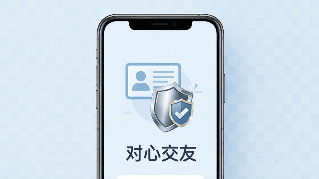 一部智能手机屏幕显示对心交友的实名认证页面,页面上有身份证图标、盾牌安全标志和“对心交友”文字。背景为淡蓝色网格纹理,主体手机位于画面中央,布局对称,风格商务安全,细节上盾牌有金属光泽,画面干净清晰,画质细腻,无多余装饰元素。