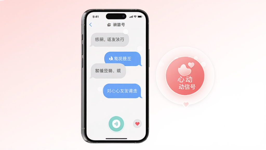 一部手机展示对心交友聊天界面,屏幕中有对话气泡、语音按钮和心形图标。手机旁有一个悬浮的“心动信号”图标。背景为浅粉色与白色渐变,布局为手机居中偏左,风格温馨社交,细节上气泡有圆角和高光,画面干净无多余元素,画质清晰。