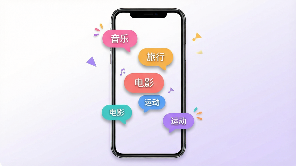 一张对心交友兴趣标签选择界面的手机截图风格图片。手机屏幕内显示彩色兴趣标签如“音乐”“旅行”“电影”“运动”等,标签呈气泡状漂浮。背景为白色到浅紫色的柔和渐变,手机居中放置,风格活泼清新,细节上气泡有轻微投影,画面干净无杂乱文字,画质高清。