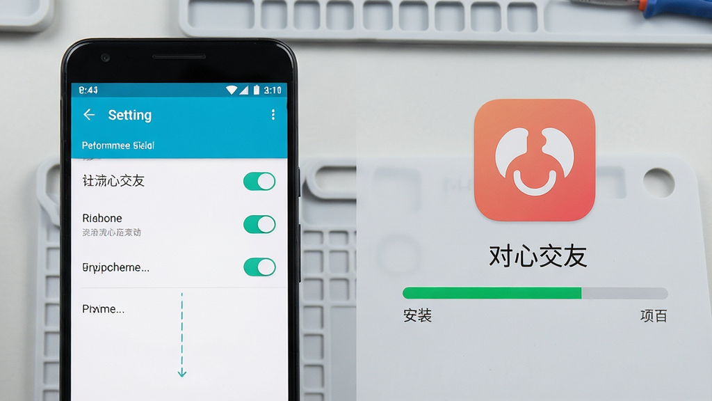 一张对心交友安装与权限设置的操作示意图。画面左侧为安卓手机设置界面,右侧为对心交友图标与安装进度条。背景为浅灰色工作台面,布局左右分栏,风格教程说明,细节上手机屏幕有权限开关高亮,画面干净整洁,无多余文字,高清画质。