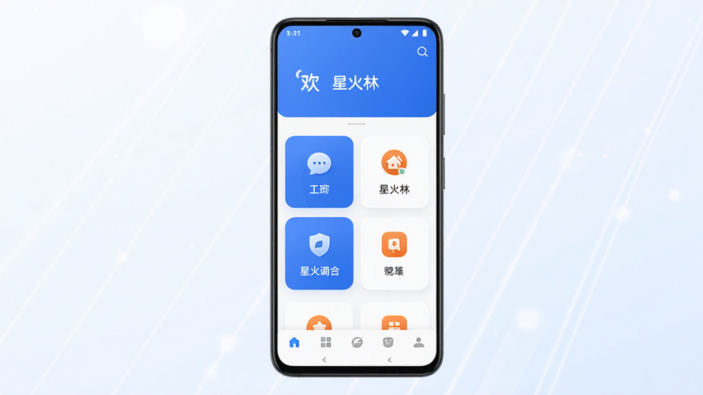 星火林软件主界面全貌展示,主体为一部安卓手机屏幕,屏幕中显示星火林应用首页布局,包含顶部欢迎语、中部功能卡片入口和底部导航栏;布局采用居中对称排版,手机置于画面正中央,背景为浅色渐变;风格为现代简约科技风,细节上功能图标圆润清晰,色彩以蓝白为主搭配少量橙色点缀;画质高清,干净,无多余元素