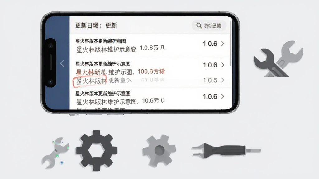 星火林版本更新维护示意图,主体为手机屏幕显示更新日志列表,旁边有齿轮和扳手图标;布局为上下结构,上方为手机,下方为工具图标横排;风格为商务简约风格,细节上更新日志中标注“1.0.6”版本号,背景为浅灰色;画质清晰,干净,无多余元素