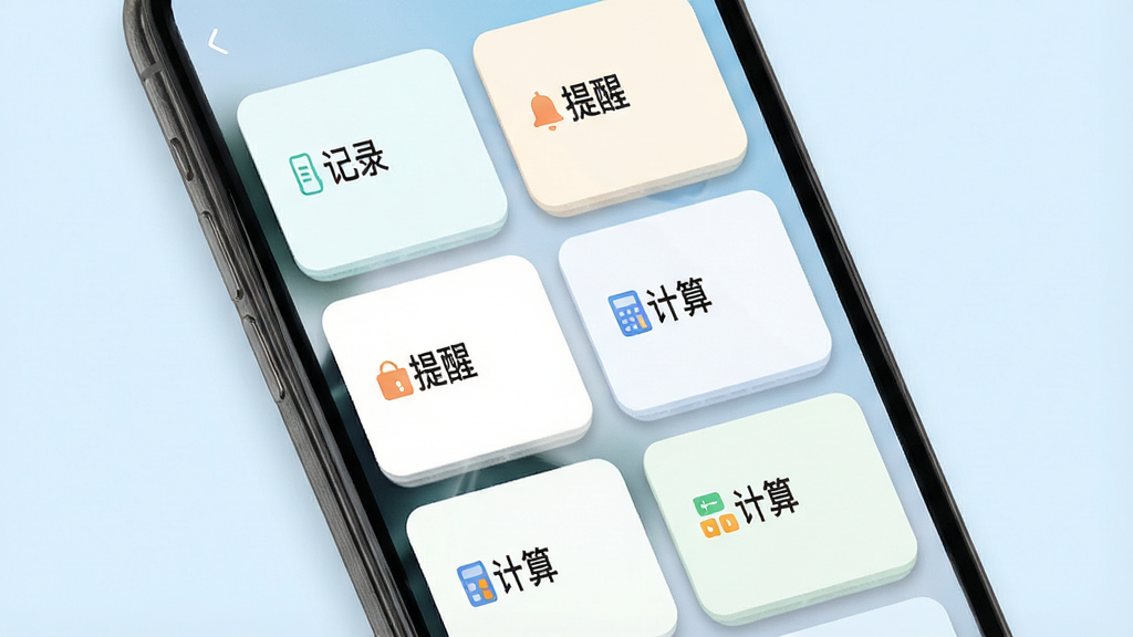 星火林功能模块聚合界面展示,主体为手机屏幕中呈现多个功能卡片网格排列,卡片上标注“记录”“提醒”“计算”等文字标签;布局为三行两列网格排版,手机略微倾斜展示;风格为清新浅色系UI风格,细节上卡片带有轻微阴影和圆角,背景为淡蓝色;画质高清,干净,无多余元素