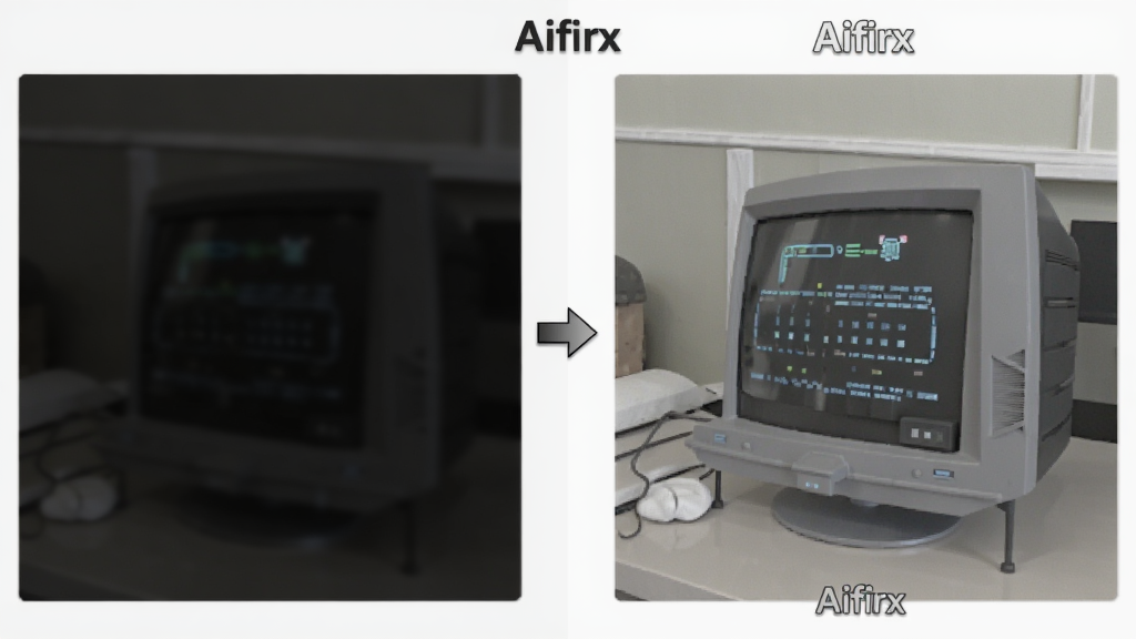 一张展示AIfirx软件图像增强功能的效果对比图,左侧为暗淡模糊的原图,右侧为经过AIfirx处理后的明亮清晰图片,中间带有箭头指向,布局左右对称,风格简洁科技感,细节表现丰富,画质高清,干净无多余元素