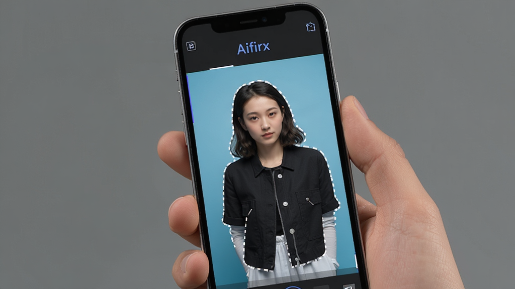 一张展示AIfirx软件抠图功能的示意图,画面中一只手拿着手机,手机屏幕显示人物照片被精准抠出并放置在全新背景上,主体突出,布局简洁明了,风格现代科技感,细节丰富,画质高清,干净无多余元素