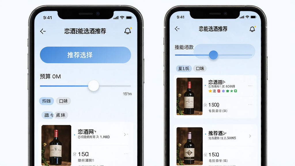 恋酒网智能选酒推荐页面,手机屏幕内显示场景选择按钮与推荐酒款列表,背景为淡蓝色调,风格清新明快,细节包含预算滑块与口味标签,排版清晰,画质高清,干净无多余元素