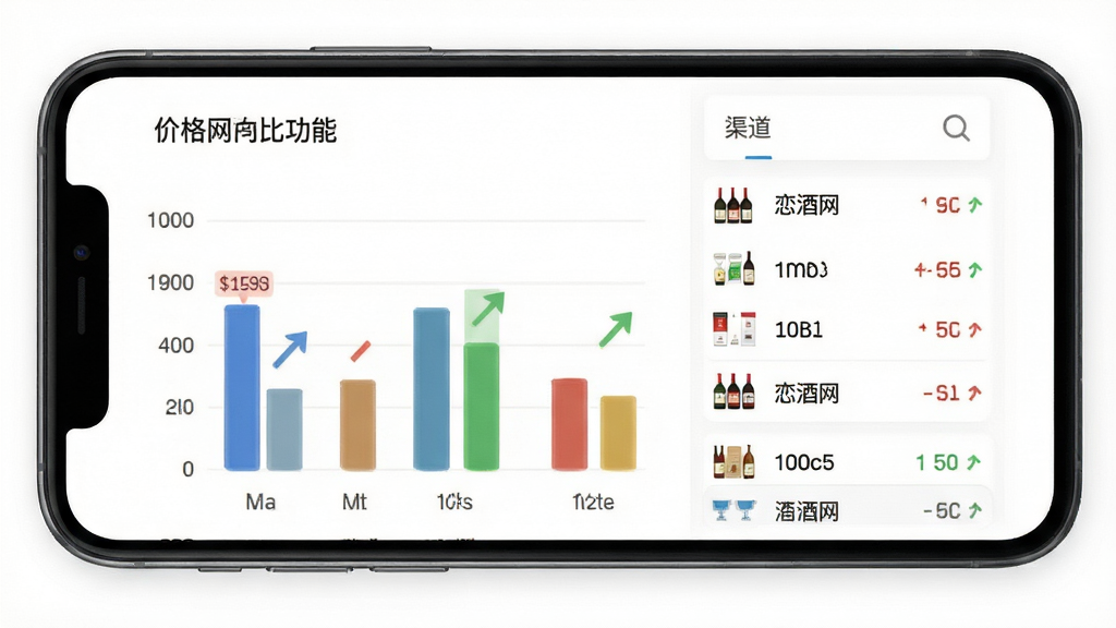 恋酒网比价功能界面,手机屏幕内展示价格对比柱状图与渠道列表,背景为白色简洁风格,细节包含价格标签与趋势箭头,排版规整,画质清晰,干净无多余元素