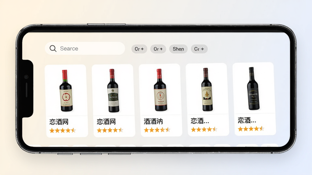恋酒网酒品资料库界面,手机屏幕内展示多张酒瓶卡片横向排列,每张卡片包含酒瓶图片、名称与评分星级,背景为浅色渐变,风格简洁现代,细节有搜索框与筛选标签,排版整齐,画质清晰,干净无多余元素