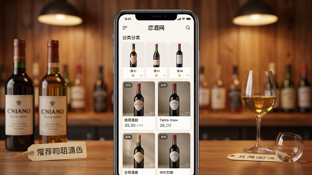 恋酒网手机应用主界面展示,画面中央是一部竖屏智能手机,屏幕内呈现酒水分类列表与推荐酒款卡片,背景为温暖的木质吧台与柔和灯光,风格写实清新,细节包含酒瓶、酒杯、品鉴标签等元素,排版居中对称,画质高清,干净无多余元素