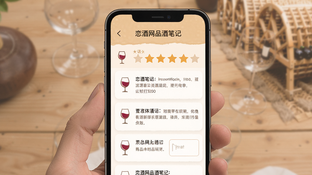 恋酒网品酒笔记页面,手机屏幕内展示笔记列表与评分星级,背景为暖米色调,风格温馨舒适,细节包含酒杯图标与文字输入框,排版简洁,画质高清,干净无多余元素