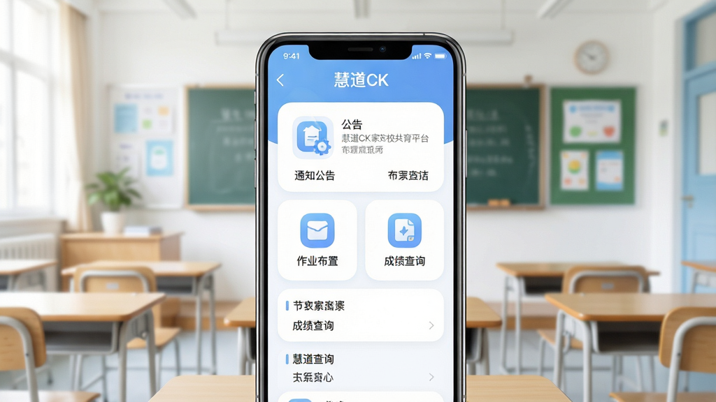 一张以“慧道CK”手机应用界面为展示主体的图片,画面中央放置一部竖屏智能手机,屏幕上显示慧道CK家校共育平台的主页界面,包含通知公告、作业布置、成绩查询等模块图标,背景为明亮整洁的教室场景,整体布局居中对称,风格清新简约,细节包含柔和的蓝白配色、圆角图标和清晰的信息层级,画质高清干净,无多余元素,文字清晰可辨
