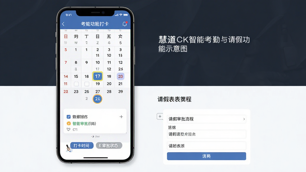 慧道CK智能考勤与请假功能示意图,画面展示手机端考勤打卡界面和请假审批流程,布局为上下分栏,上方为考勤日历,下方为请假表单,风格清爽商务,细节包含打卡时间、审批状态标签、日历高亮标记,画质高清干净,无多余元素