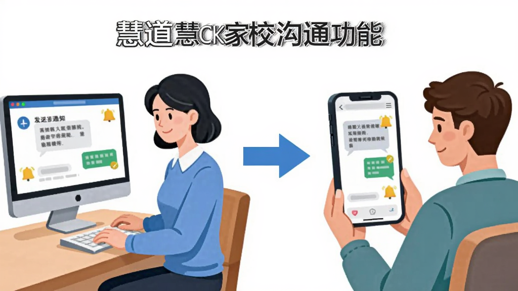 一张展示慧道CK家校沟通功能的图片,画面左侧是一位教师使用电脑端发送通知,画面右侧是家长在手机上接收消息的场景,中间用箭头连接表示信息传递,布局左右对称,风格扁平化插画,细节包含聊天气泡、已读标记、铃铛图标,画质高清干净,无多余元素