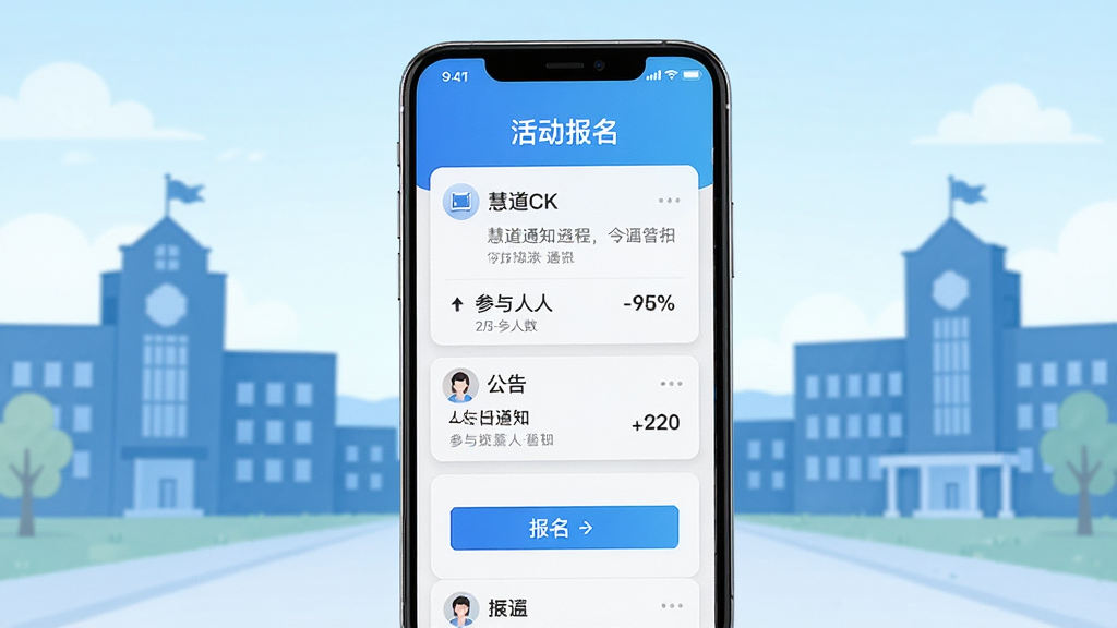 慧道CK校园通知与活动组织功能展示图,画面呈现手机屏幕上的通知列表和活动报名页面,背景为校园建筑剪影,布局居中展示,风格清新明快,细节包含公告卡片、报名按钮、参与人数统计,画质高清干净,无多余元素