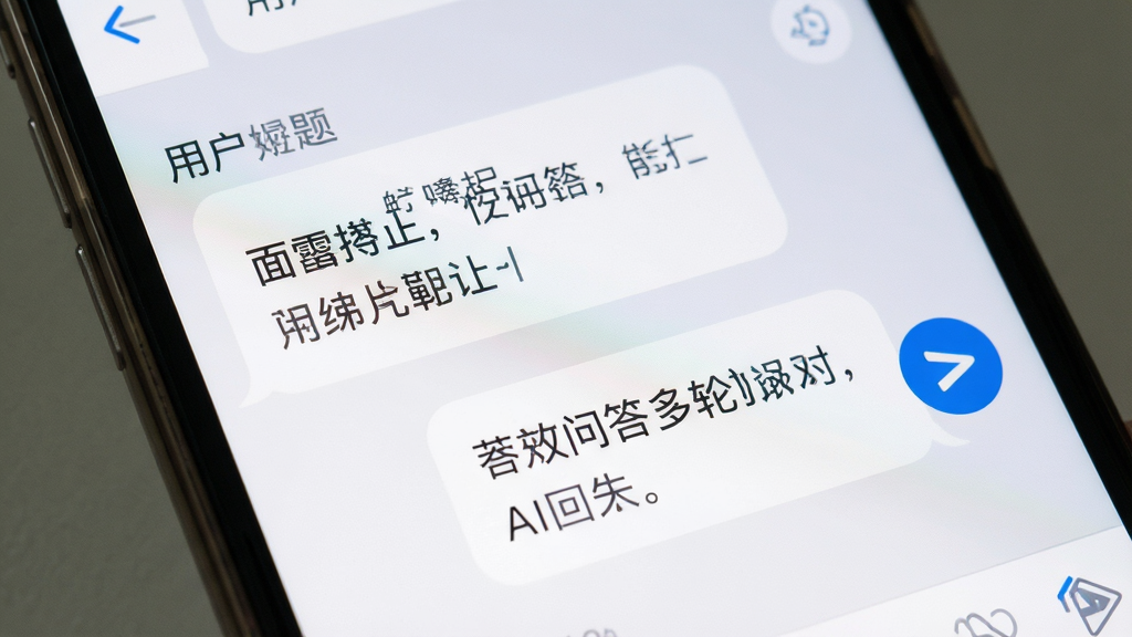 AI万能问答多轮对话场景,主体为手机屏幕特写,屏幕内展示两段连续对话气泡,上方为用户提问,下方为AI回答,布局为上下排列,排版左对齐,风格为简约聊天界面,细节包括浅灰色背景、白色对话卡片、蓝色发送按钮,画质清晰,干净无杂乱元素